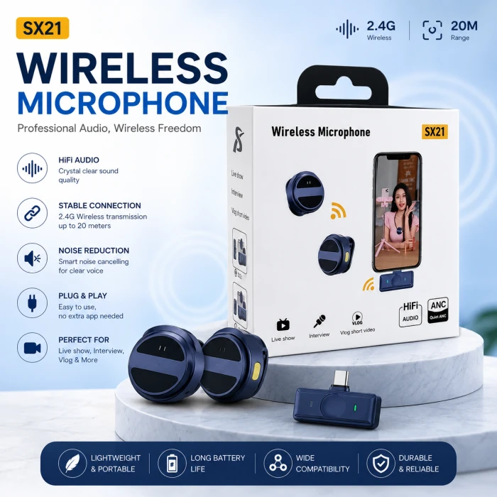SX21-New 2-in-1 Wireless Lavalier Microphone – Dual Mic Setup for Crystal Clear Mobile Recording