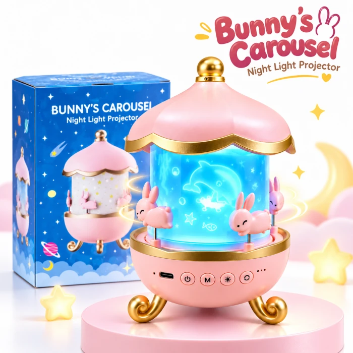 Bunny Carousel Night Light Projector – Rotating LED Star & Galaxy Projection Lamp with 6 Themes, 5 Color Patterns & Adjustable Brightness for Kids Room & Nursery Decor
