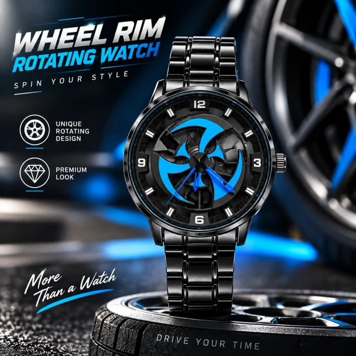 360° Rotating Car Wheel Rim Quartz Watch – Matte Black Metal Sports Wristwatch, 3D Alloy Rim & Brake Disc Dial, Stainless Steel Strap & Scratch-Resistant Glass for Men (Copy)