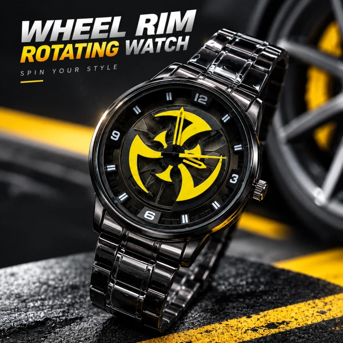 360° Rotating Car Wheel Rim Quartz Watch – Matte Black Metal Sports Wristwatch, 3D Alloy Rim & Brake Disc Dial, Stainless Steel Strap & Scratch-Resistant Glass for Men (Copy) (Copy)