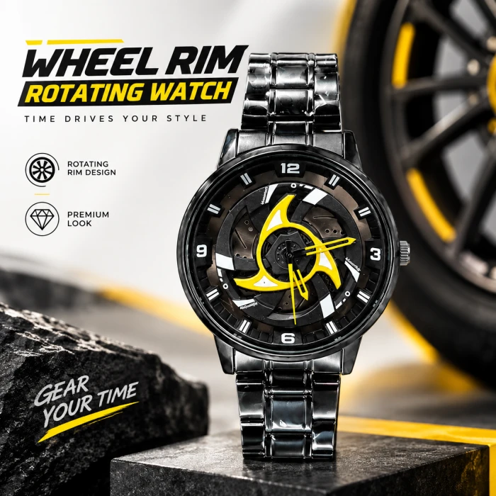 360° Rotating Car Wheel Rim Quartz Watch – Matte Black Metal Sports Wristwatch, 3D Alloy Rim & Brake Disc Dial, Stainless Steel Strap & Scratch-Resistant Glass for Men (Copy) (Copy) (Copy) (Copy) (Copy)